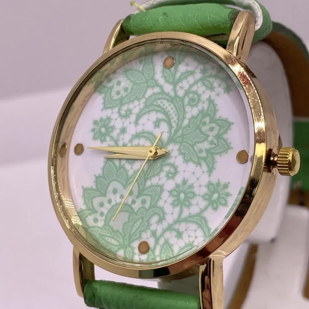 Geneva Gold Tone Green Art Watch Works New Battery